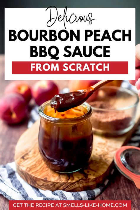 Elevate your grilling game with this delightful Bourbon Peach BBQ sauce recipe. Made with fresh peaches, this sweet, tangy, and smoky homemade sauce is the perfect addition to any dish this summer season. With just the right amount of bourbon, this BBQ sauce packs a flavorful punch that will leave your taste buds wanting more. Whiskey Peach Bbq Sauce Recipe, Apple Bourbon Bbq Sauce, Pear Bbq Sauce Recipe, Pumpkin Bbq Sauce, Whiskey Peach Bbq Sauce, Peach Barbeque Sauce, Canning Condiments, Peach Bourbon Bbq Sauce, Bbq Sauce From Scratch