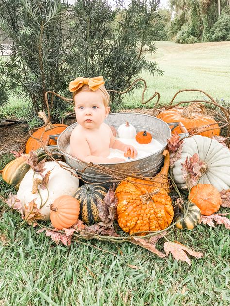 Fall 1 Year Pictures, Pumpkin Baby Pictures Photo Shoot, Pumpkin Milk Bath Pictures, Fall Milk Bath Baby, Fall Toddler Pictures, Fall Milk Bath Photography, Outdoor Fall Mini Session Ideas, Infant Fall Photoshoot, Fall First Birthday Photoshoot