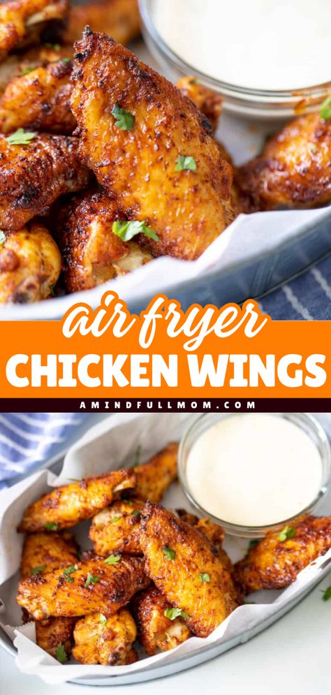 Here's an easy Gameday food idea for you! These Air Fryer Chicken Wings are juicy, tender, and delicious! This deep-fried chicken wing recipe also makes a great addition to your best Superbowl recipes for the family. Save this pin! Chicken Wing Sauce, Buffalo Chicken Wing, Wings Crispy, Air Fryer Wings, Chicken Wing Sauces, Crispy Wings, Crispy Chicken Wings, Air Fryer Chicken Wings, Air Fried Chicken