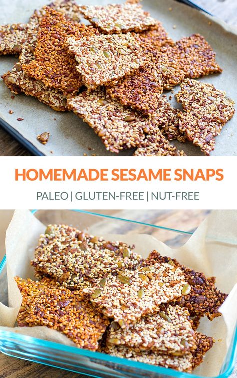 Homemade Sesame Snaps (Gluten-Free, Nut-Free). Great as a snack or a treat, these are made with sesame seeds, pumpkin seeds, brown rice syrup, and a touch of vanilla and honey. Takes 20 minutes and keeps for 2 weeks. Gluten-free, nut-free, paleo, vegan-friendly (swap honey for maple syrup). #sesamesnaps #sesame #sesameseeds #snacks #paleo #glutenfree #nutfree #vegan #plantbased Sesame Snaps, Sweet Potato Chips Baked, Snacks For Toddlers, Rice Syrup, Natural Snacks, Mini Treats, Sweet Potato Chips, Sesame Seed, Paleo Snacks