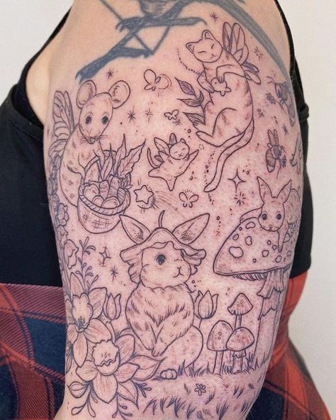 Woodland Creatures Tattoo Sleeve, Mythical Creature Tattoo Ideas, Cottagecore Aesthetic Tattoo, Whimsical Garden Tattoo, Critter Tattoo, Woodland Tattoo Sleeve, Mythical Creatures Tattoo, Enchanted Forest Tattoo, Fairy Garden Tattoo