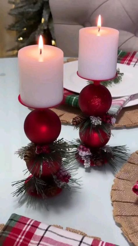 Diy Candels, Christmas Candle Holders Diy, Candle Holder Diy, Christmas Candle Holder, Christmas Decorations Centerpiece, Christmas Decorations Diy Crafts, Christmas Candle Decorations, Christmas Centerpieces Diy, Diy Candle Holders