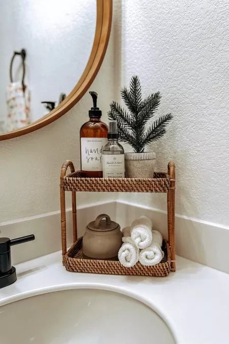 Simple Home Decors's Amazon Page Guest Bathroom Basket, Bathroom Basket Ideas, Guest Bathroom Essentials, Bathroom Basket, Half Bathroom Decor, Simple Bathroom Decor, Bathroom Baskets, Corner Sink, Half Bathroom