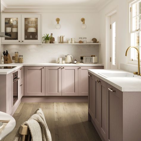 Infuse your shaker kitchen design with vibrant pink kitchen inspiration, creating a unique and lively atmosphere. Embrace the charm of pink kitchen ideas, adding a playful touch to your kitchen aesthetic. Explore the trend of two-tone kitchen cabinets, blending pink kitchen cabinets with white kitchen cabinets for a modern twist on classic design. Finish with white kitchen worktop ideas and brass kitchen hardware. Explore Halesworth Antique Rose Kitchen with Howdens. Pink Kitchen Inspiration, White Kitchen Worktop, Pink Kitchen Cabinets, Howdens Kitchens, Taupe Kitchen, Two Tone Kitchen Cabinets, Shaker Design, Fitted Kitchens, Shaker Kitchen