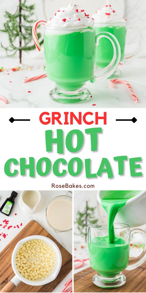 grinch hot chocolate in a clear glass mug, white chocolate melting in a pot, pouring green hot chocolate into a mug Grinch Hot Chocolate Recipe, Grinch Christmas Movie Night, Grinch Hot Chocolate Slow Cooker, Grinch Hot Chocolate Bar, Grinchmas Brunch, Grinch Hot Cocoa Bar, Grinch Cocoa, Hot Grinch, Grinch Christmas Theme