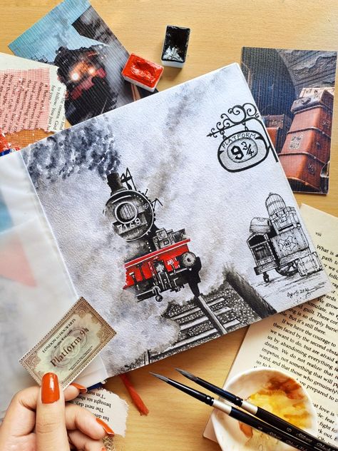 Harry Potter Art Aesthetic, Painting Harry Potter, Hogwarts Express Drawing, Harry Potter Sketch Book Ideas, Harry Potter Painting Ideas, Harry Potter Art Projects For Kids, Hogwarts Aesthetic Painting, Watercolor Harry Potter, Harry Potter Watercolor Art