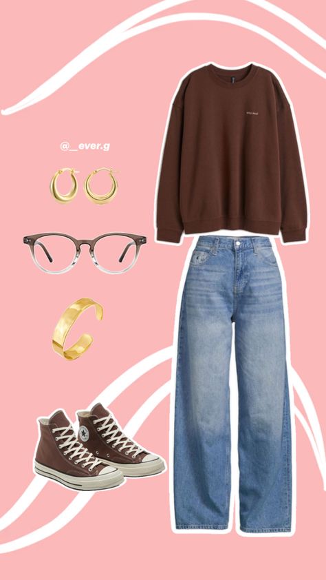 Simple, easy, comfy and cozy outfit inspo with brown color theme, casual outfits, back to school outfit, college outfit, university outfit, uni outfit, brown outfit, laid back outfit, cute outfit 🤍to get this look: brown converse, gold bangle/bracelet, brown glasses, go;d hoop earrings, brown crewneck, light/medium wash jeans. Brown High Top Converse Outfit, Outfits For Brown Hair, Outfits With Brown Shoes, Brown Vans Outfit, Cafe Study Outfit, Brown Crewneck Outfit, Brown Converse Outfit, Summer Outfits Brown, High Top Converse Outfit