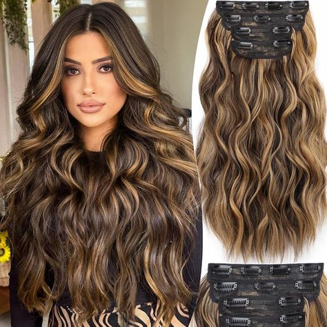 Amazon.com : FREEMEIGE Clip in Long Wavy Synthetic Hair Extension 20 Inch Medium Brown 4PCS Thick Hairpieces Fiber Double Weft Hair for Women : Beauty & Personal Care Wavy Extensions, Thick Hair Extensions, Wavy Hair Extensions, Hair Mistakes, Bridesmaid Hair Makeup, Hair For Women, Synthetic Hair Extensions, Long Wavy Hair, Hair Weft