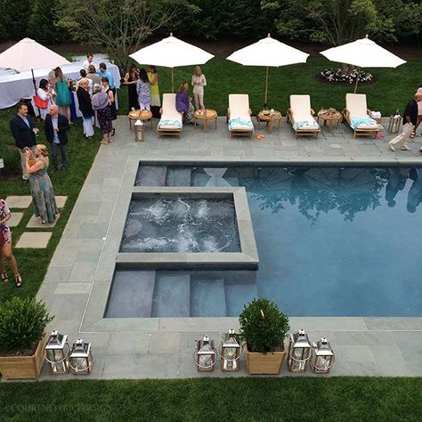 Traditional Home, Hampton Showhouse Gala on www.CourtneyPrice.com Love this pool! Rectangular Pools With Spas, Pool And Hot Tub Design, Pool Depth Ideas, Minimal Pool Design, Hot Tub Pool Ideas Backyard, Traditional Pool Design, Backyard Pool With Hot Tub, Garden With Pool Design, Lanterns Around Pool