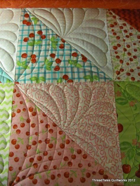 Great machine quilting idea for half square triangles. by beth Fmq Designs, Quilting Stitches, Patchwork Ideas, Free Motion Designs, Free Motion Quilting Patterns, Machine Quilting Patterns, Freemotion Quilting, Bernina Sewing, Longarm Quilting Designs