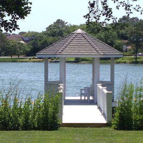 Outdoor Kitchen And Bathroom, Lake Gazebo, Pond Inspiration, White Gazebo, Proposal Pictures, Rustic Farm Wedding, Rustic Modern Wedding, River Cottage, Backyard Gazebo