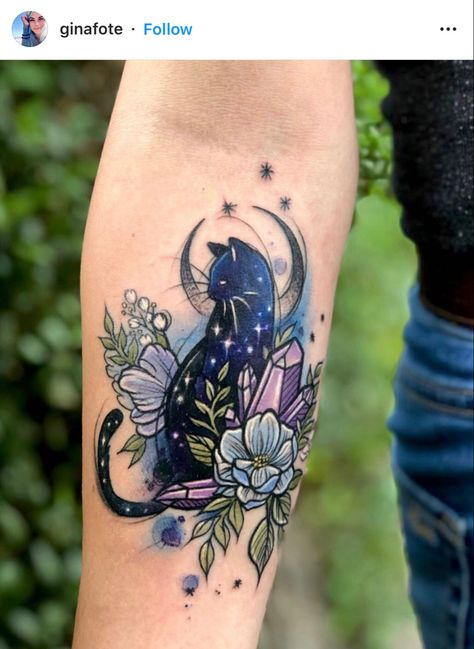 Witch Leg Sleeve Tattoo, Skyrim Tattoo, Xmas Makeup, Wiccan Tattoos, Crystal Tattoo, Black Cat Tattoos, Witch Tattoo, Sun Tattoos, Cat Tattoo Designs