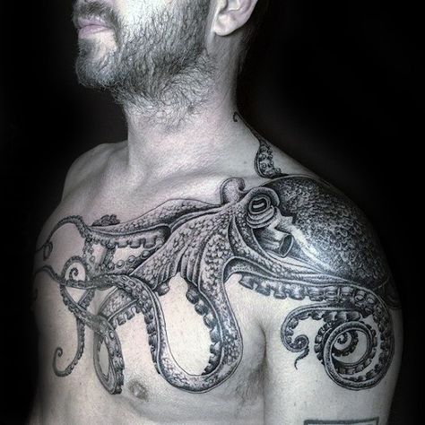 Male Octopus Tattoo Ideas On Shoulder And Chest Octopus Tattoo Sleeve, Kraken Tattoo, Squid Tattoo, Tattoo Ideas Males, Octopus Tattoo Design, Octopus Tattoos, Nautical Tattoo, Tattoos Geometric, Geniale Tattoos