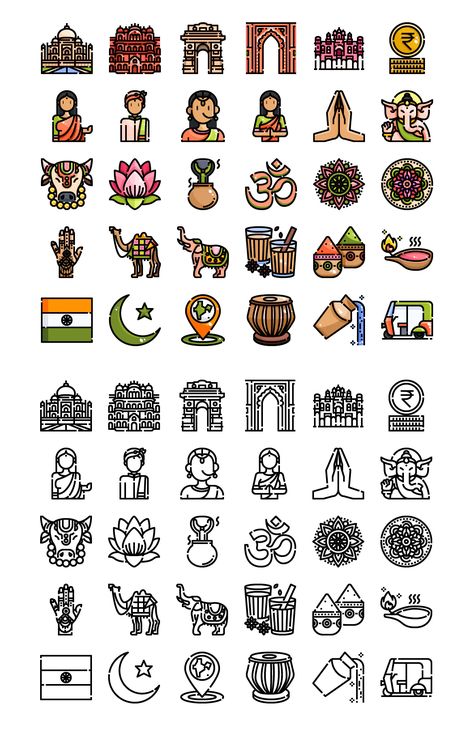 30 India Element Icons. Download Tourism In India Project, India Illustration, Introvert Jokes, India Logo, Boarders Designs For Projects, Indian Drawing, Indian Symbols, India Poster, Heavy Dupatta