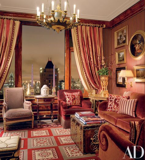 Juan Pablo Molyneux Outfits a European-Inspired Penthouse on Lake Michigan Photos | Architectural Digest Living Room Red, Classic Interior Design, Century Decor, Red Rooms, Traditional Living, Traditional Living Room, Curtain Designs, Classic Interior, Architectural Digest