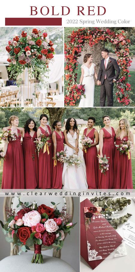 10 Popular Wedding Colors for Spring 2022 Inspired By Pantone – Clear Wedding Invites Wedding Colora, Wedding Colors For Spring, Wedding Colors 2025, Apple Red Wedding, Blush Wedding Colour Scheme, August Wedding Colors, Place Settings Wedding, Crimson Wedding, Red Gold Wedding