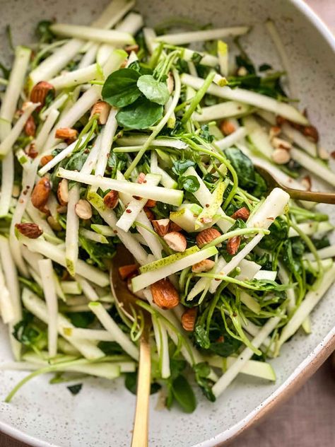 Apple Pear Salad, Lambs Lettuce, Salad Apple, Watercress Recipes, Smoked Almonds, Salad Recipes Gluten Free, Micro Herbs, Leafy Salad, Roasted Radishes