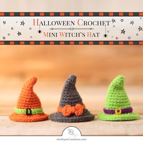 Small Crochet Witch Hat - Jen Hayes Creations Crochet Mini Hat Ornament, Gnome Clothes, Crochet Seasonal, Crochet Witch Hat, Worry Pet, Crochet Witch, Witches Hats, Fall Crochet Patterns, Fall Crochet