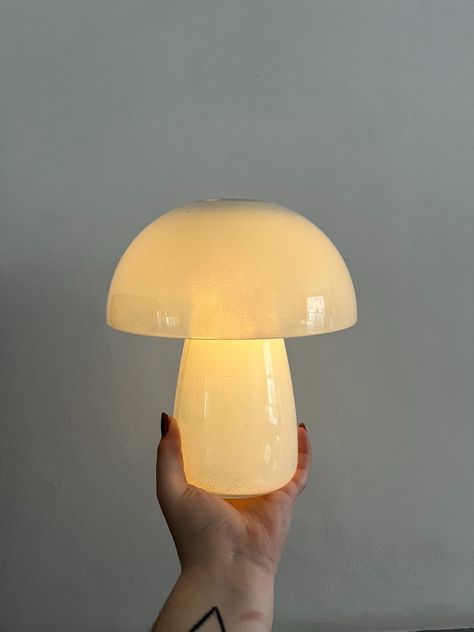 How to make a mushroom lamp using 3 super cheap IKEA staples | Livingetc Mushroom Light Ikea, Led Mushroom Lights Diy, Cool Ikea Stuff, Diy Glass Mushroom Lamp, Small Mushroom Lamp, Muchroom Lamp, Mushroom Lamp Bedroom, Cute Mushroom Lamp, Diy Ikea Mushroom Lamp