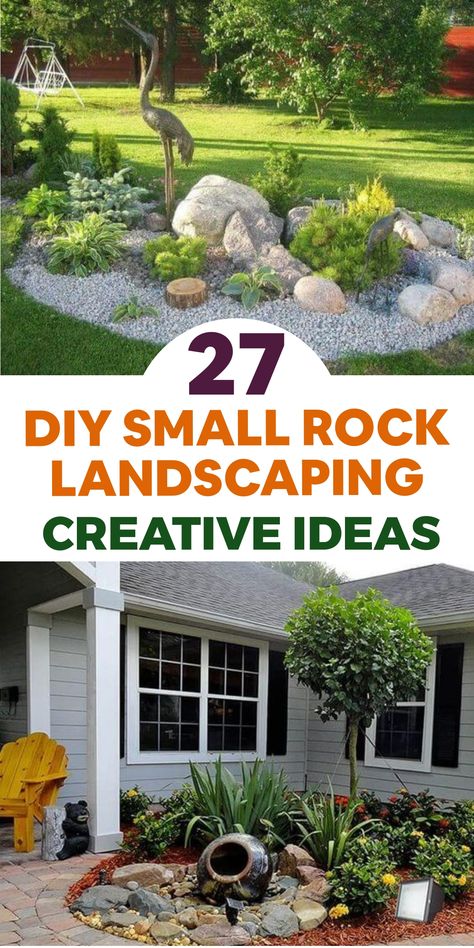 Explore our assortment of creative small rock landscaping concepts for infusing an organic charm into your environment. Discover innovative ideas for crafting charming rock gardens, elegant pathways, and stylish borders that will harmonize flawlessly with your current outdoor setting. Embrace the beauty of nature in your own space and enjoy the tranquility it brings. Let's bring the outdoors in! Landscape Without Plants, Front Yard Landscaping No Maintenance, Rockery Border Ideas, Small Rock Landscaping Ideas, Rock Boulder Landscaping Ideas, Stone Mulch Landscaping Ideas, Landscape Ideas For Small Front Yard, Low Maintenance Landscape Ideas Front Yard Stones Rock Border, Gravel Yard Ideas Landscapes