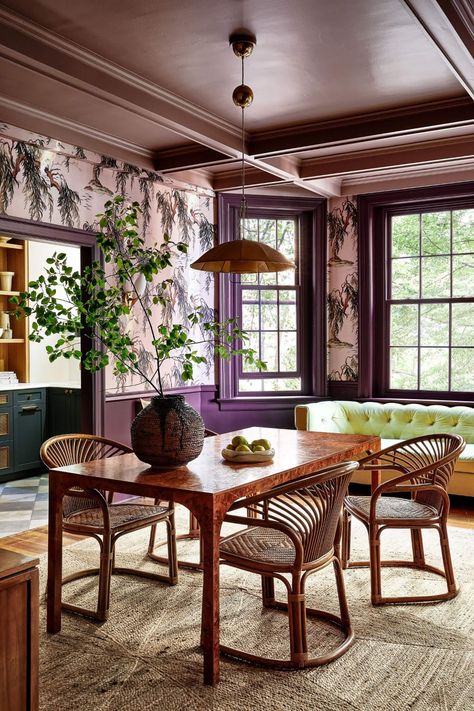 Bold Colors in a Washington D.C. Pied-à-Terre 7 Colorful Craftsman Interiors, Purple Dining Room, Craftsman Interiors, Built In Cabinet, Built In Furniture, Paint Brands, Stylish Kitchen, Natural Shades, Upper Cabinets