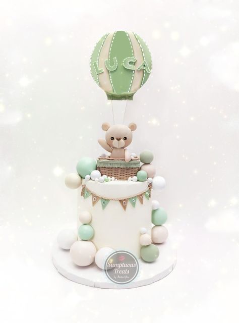 Baby Bear Balloon Cake #100dayscake #sagegreencake #hotairballooncake #babybear #babyshowercake #ballooncake #sageandcream #babybearcake #hotairballooncaketopper #babycakes #caketrends #1stbirthdaycake #customcake #torontocakes #sumptuoustreats www.sumptuoustreats.com Bear Balloon Cake, Mario Birthday Cake, Hot Air Balloon Cake, Balloons Cake, Bear Balloon, Green Cake, Balloon Cake, Mario Birthday, Cake Trends