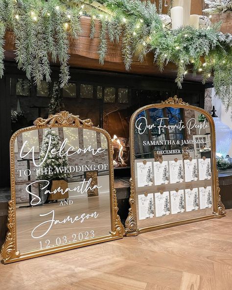 My favorite mirror duo ✨🤍 #wedding #weddingdecor #weddingdetails #weddinginspiration #weddingsign #weddingsignage #welcomesign… | Instagram Wedding Mirror Table, Bridgerton Garden, Wedding Venue Aesthetic, White Greenery Wedding, Wedding Day Decorations, Wedding Seating Chart Display, Welcome Sign Seating Chart, Greenery Wedding Theme, Seating Chart Display