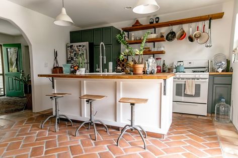 This Charming Home Is a Nod to Simplicity, Right Down to the Artwork | Hunker Tetonia Idaho, Spanish Farmhouse, Tudor Kitchen, Kitchen Color Trends, Herringbone Kitchen, Kitchen Revamp, Kitchen Floor Tiles Ideas, Saltillo Tile, London Houses