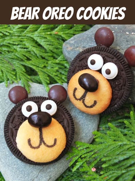 Bear oreo cookies, best camping food ideas for kids no bake bear cookies Camp Theme Food Ideas, Camping Treats For Kids, Teddy Bear Snacks, Camp Themed Food, Camping Themed Food, Camping Themed Snacks, Bear Snack Ideas, Bear Food Ideas, Camping Food Ideas For Kids