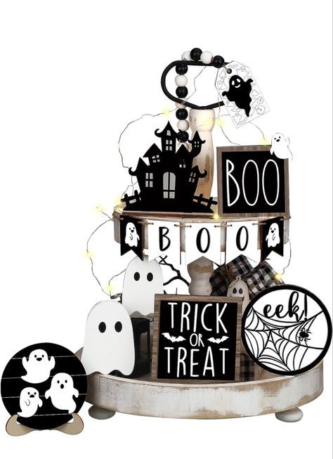 Umigy 15 Pcs Halloween Tiered Tray Decor Set Cute Halloween Wooden Signs Farmhouse Rustic Tiered Tray Decoration Items for Home Table House Room Kitchen Party (Ghost) Halloween Wooden Signs, Décoration Table Halloween, Halloween Tiered Tray Decor, Rustic Halloween Decor, Table Halloween, Halloween Wood Signs, Tray Decoration, Home Wooden Signs, Halloween Elements