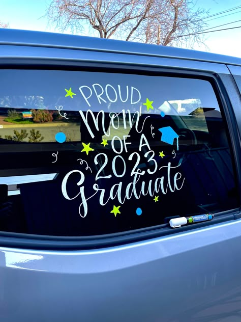 Car Window Graduation Ideas, Grad Car Window Paint, Graduate Car Decoration, Car Window Decorations For Graduation, Car Chalk Window Ideas Graduation, Car Writing On Windows For Graduation, Senior Car Decorating 2024, Graduation Window Paint Ideas, Senior Car Decorating Ideas 2024 Window