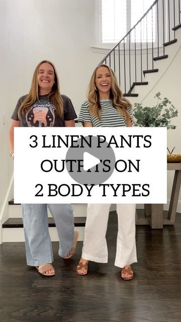 Merrick White / Style Educator on Instagram: "3 ways to wear linen pants on two body types with Merrick and Kristy! 👯‍♀️❤️  These amazing pants went on sale this weekend and tons of you snagged them, and good news they’re still on sale 🎉  These three outfits are on MERRICKSART.com today with links and sizing. I’m in a size XS and Kristy is in a large.  Comment below with the word LINK and I’ll send you a DM with links to the pants, the rest of our outfits, and the blog post! 🫶🏼  #onepiecetwobodytypes #merrickandkristy #merrickstyle" What To Wear With White Linen Pants, How To Wear Wide Leg Linen Pants, How To Style White Linen Pants, What To Wear With Linen Pants Women, Cream Linen Pants Outfit, Linen Pants Outfit Winter, Linen Pants Outfit Plus Size, Styling Linen Pants, Plus Size Bodysuit Outfit