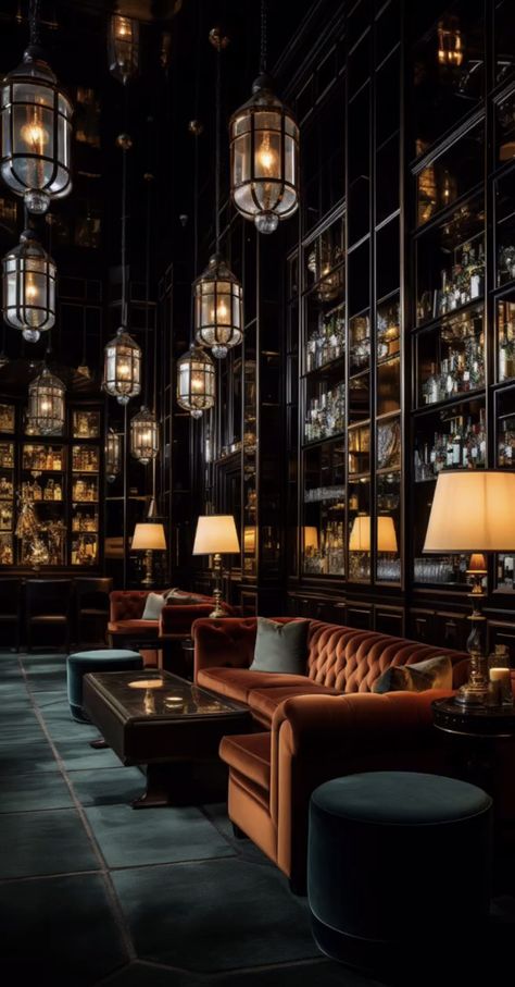 Gentleman’s Club Aesthetic, Dark Academia Bar Aesthetic, Gentleman’s Club, Roaring 20s Interior Design, Brick Basement Bar, Vintage Speakeasy Aesthetic, Garage Speakeasy, Speakeasy Lighting, Luxury Hotel Lobby Lounge