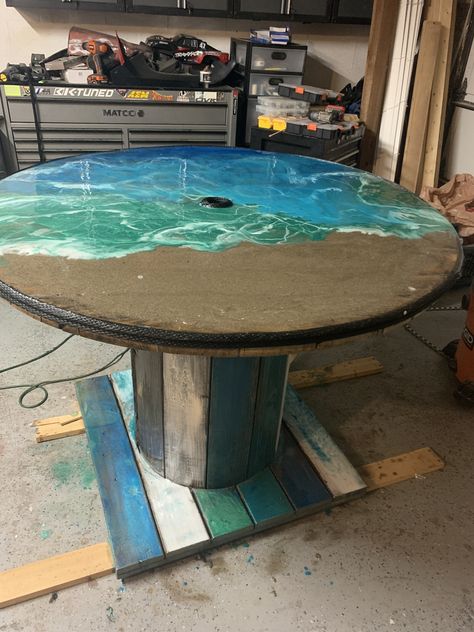 Spool- free  EnviroTex epoxy resin 65.00  Pearl x mica pigments 30.00 (buy one get one 50% off at Michael's) :) Epoxy Spool Table Ideas, Spool Projects, Wooden Spool Tables, Wooden Cable Spools, Wooden Spool Projects, Cable Spools, Spool Ideas, Spool Table, High Top Table