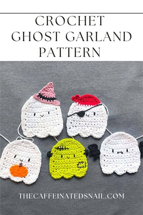 Get spooky this Halloween with my crochet ghost garland pattern! Each adorable ghost has its own unique personality, ready for a night of trick-or-treating fun. Perfect as festive décor or even as coasters, these ghosts are made using cotton yarn for durability and charm. Add a personal touch with costumes, bat wings, or witch hats! Click for the pattern and get started on your crochet Halloween decorations! #CrochetHalloween #GhostGarland #DIYHalloweenDecor #CrochetPattern Crochet Ghost Garland Free Pattern, Ghost Coaster Crochet Pattern, Crochet Ghost Coaster, Crochet Halloween Decor, Crochet Ghost Applique, Crochet Garland Pattern Free, Ghost Crochet Pattern, Crochet Halloween Decorations, Ghost Garland