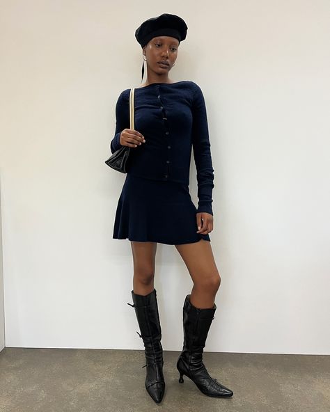 fittings with anu & mollie 👜🩰wearing our autumn knitted a-line dress and matching navy cardigan, styled with pointed leather boots and beret. Peachy Den, Sixth Sense, Cold Front, Navy Cardigan, Autumn Wardrobe, Fall 24, Swim Skirt, Fall Wardrobe, Knit Cardigan