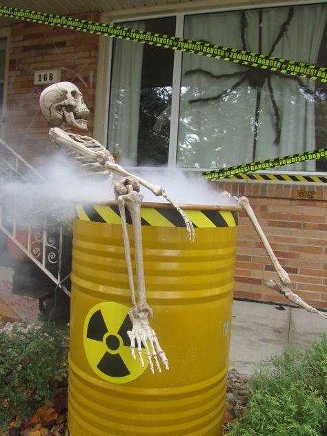 Skeleton in a toxic waste barrel. Toxic Barrel Halloween, Toxic Halloween Decorations, Toxic Waste Halloween Decorations, Toxic Waste Barrel, Lemax Spooky Town Display, Nuclear Meltdown, Toxic Wasteland, Haunted Garage, Halloween Maze