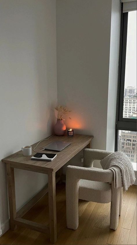 Corner Desk Styling, Office In Apartment, Desk In Apartment, Narrow Room Design, Living Room With Work Space, Home Office Ideas For Small Spaces, Apartment Workspace, Desk Area In Bedroom, Small Apartment Office