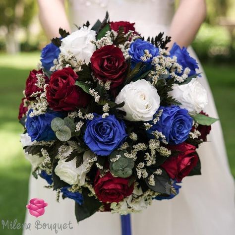 Navy Blue And Burgundy Wedding, Blue Burgundy Wedding, Blue And Burgundy Wedding, Burgundy Wedding Bouquet, Red Rose Bouquet Wedding, July 4th Wedding, Deep Red Roses, Navy And Burgundy Wedding, Large Roses