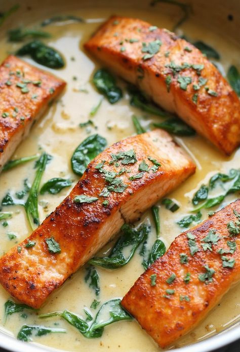 Easy Tasty Creamy Garlic Butter Tuscan Salmon Recipe Salmon Mushroom Recipes, Salmon With Couscous, Tuscan Salmon Recipe, Tuscan Salmon, Creamy Parmesan Chicken, Ham Salad Recipes, Salmon Recipes Pan Seared, Dinner Ideas Recipes, Ham Salad