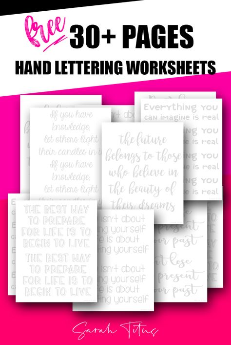 These 30+ free printable hand lettering worksheets are perfect for beginners looking to practice their handwriting and calligraphy! My daughter and I do them together and it's SOOO much fun (not to mention encouraging with these inspirational quotes)! :) Lettering For Beginners Free Printable, Free Printable Hand Lettering Worksheets, Free Hand Lettering Worksheets, Free Printable Lettering Worksheets, Printable Brush Lettering Worksheets, Calligraphy Beginners Worksheets, Handwriting Practice For Adults Fonts, Lettering Sheets Free Printable, Hand Lettering Printables Free