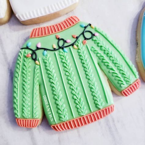 Cookie Antics on Instagram: “It's definitely sweater weather!” Ugly Christmas Sweater Cookies, Ugly Sweater Cookie, Christmas Sugar Cookies Decorated, Cute Christmas Cookies, Royal Iced Cookies, Winter Cookie, Sugar Cookie Designs, Ugly Christmas Sweater Party, Xmas Cookies