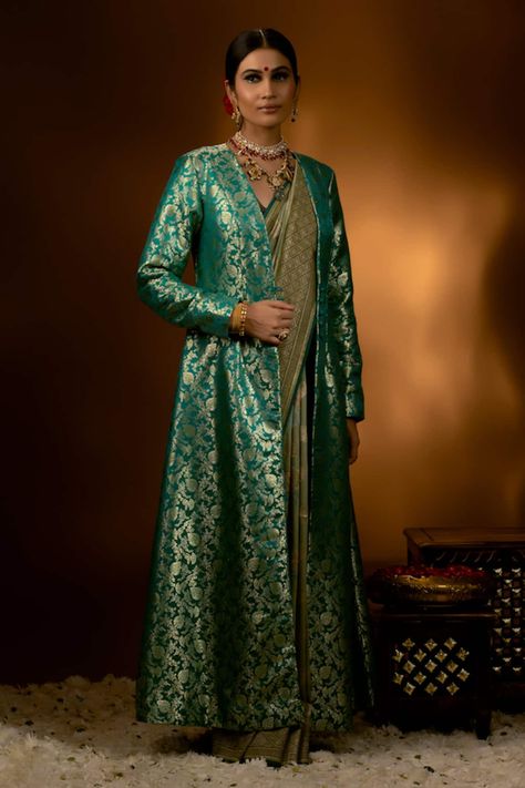 Buy Orange Kurta And Sharara Silk Embroidered Gota Round Set For Women by Preeti S Kapoor Online at Aza Fashions. Long Jacket With Saree, Saree With Long Jacket, Banarasi Jacket, Banarasi Suit Designs Latest, Banarasi Suit Designs, Long Blouse Saree, Lime Green Outfits, Suits Design Latest, Kurta And Sharara