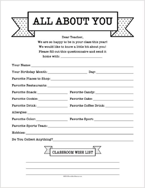 Use this All About You teacher favorites questionnaire to get to know your teacher this year! Get a list of gift ideas to give the teacher at Christmas time, teacher appreciation or at birthdays using a teacher survey. Get the teacher favorite things questionaire at roommomrescue.com Favorites Questionnaire, Room Mom Letter, Get To Know The Teacher, Get To Know Your Teacher, Gift Questionnaire, Teacher Questionnaire, My First Teacher, Male Teacher Gifts, Questionnaire Template