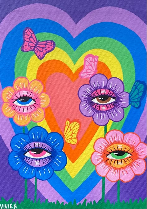 Trippy Flower Art, Trippy Hippy Painting Ideas, Groovy Art Aesthetic, Weirdcore Painting, Things To Paint On Canvas Trippy, Trippy Draw, Eye Abstract Art, Trippy Painting Ideas Creative, Funky Art Painting