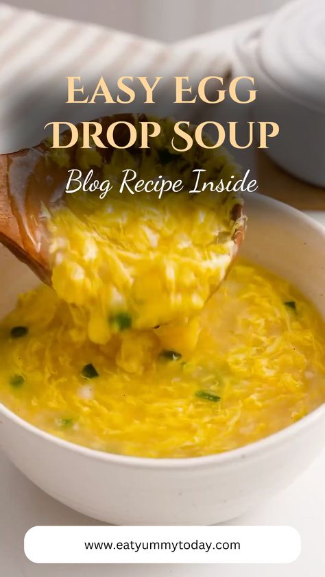 An appetizing image featuring a bowl of Easy Egg Drop Soup, reminiscent of PF Chang's delicious recipe. This warm soup is garnished perfectly and ideal for a cozy night in! Recipe For Egg Drop Soup, Thick Egg Drop Soup, Bone Broth Egg Drop Soup, Easy Egg Drop Soup Recipe Simple, Pastina Egg Drop Soup, Filipino Chicken Soup Recipes, Eggdrop Soup Recipe Easy, Egg Drip Soup, How To Make Egg Drop Soup