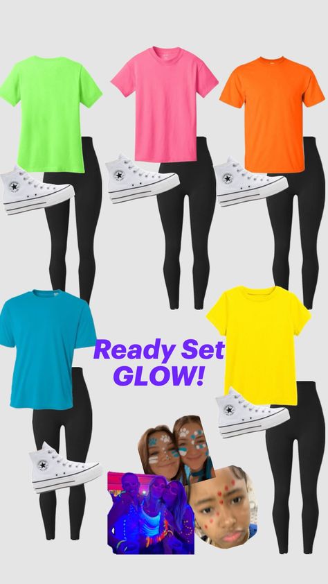 ready set glow dance inspo Neon School Dance Outfits, Neon Day At School, Neon Day Outfit, School Dance Outfits, Rally Ideas, Glow Outfits, Glow Dance, Rally Idea, Homecoming Spirit Week