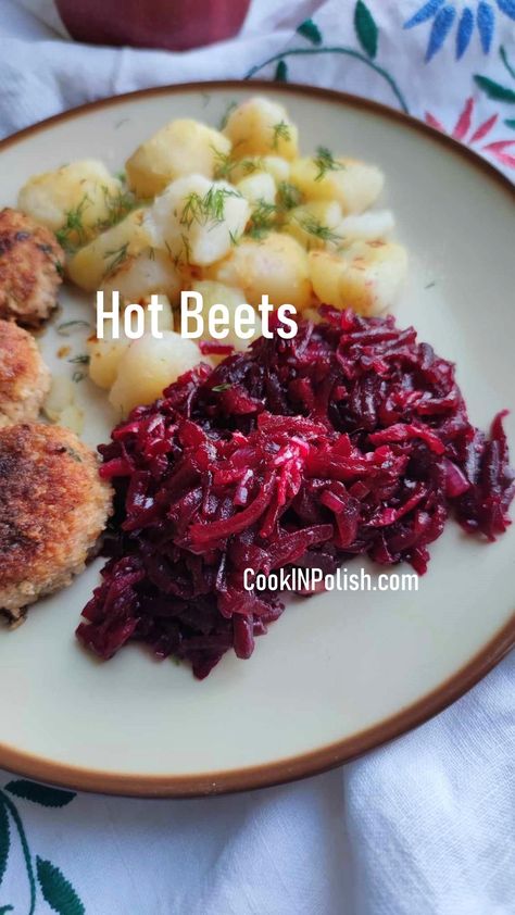 Buraczki Zasmażane - Hot Beets Salad - the best side dish to accompany Polish Kotlety Mielone. A staple and a comfort food at its best 😍 Here is a recipe: Shredded Beets Recipe, Polish Red Cabbage Recipes, Polish Beet Salad, Polish Red Cabbage Salad, Finnish Beet Salad, Beets Salad, Polish Cabbage, Polish Food Recipes, Best Side Dish