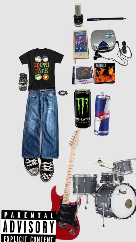 kinda older brother core? idk man #outfit #olderbrothercore #metalhead #2000soutfit #y2koutfit #guitar #drumset Olderbrothercore Outfit, 2000s Brother Core, Y2k Older Brother Aesthetic, 2000s Punk Fashion Men, 2000s Older Brother Core Outfits, Older Brother Core Outfit, Loser Core Outfits, 2000s Outfits Men, Band Tshirt Outfit