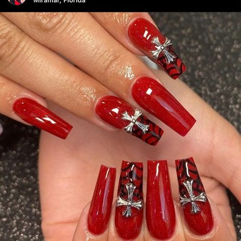 silver cross nail studs Crosses Nail Art, Acrylic Nail Designs With Crosses, Red Nails With Cross Design, Red Nails With Cross Charm, Dark Red Nails With Cross, Nails With Cross Charm, Christian Nails Designs, Nails With Cross Design, Cross Nails Acrylic